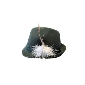 Mens Forest Green 100% Wool Alpine Tyrolean Hat with Feather Size 60cm